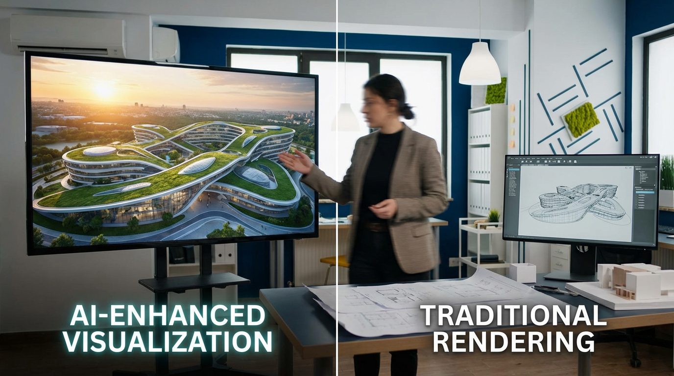 power of AI in architectural visualization workflow showing automated rendering