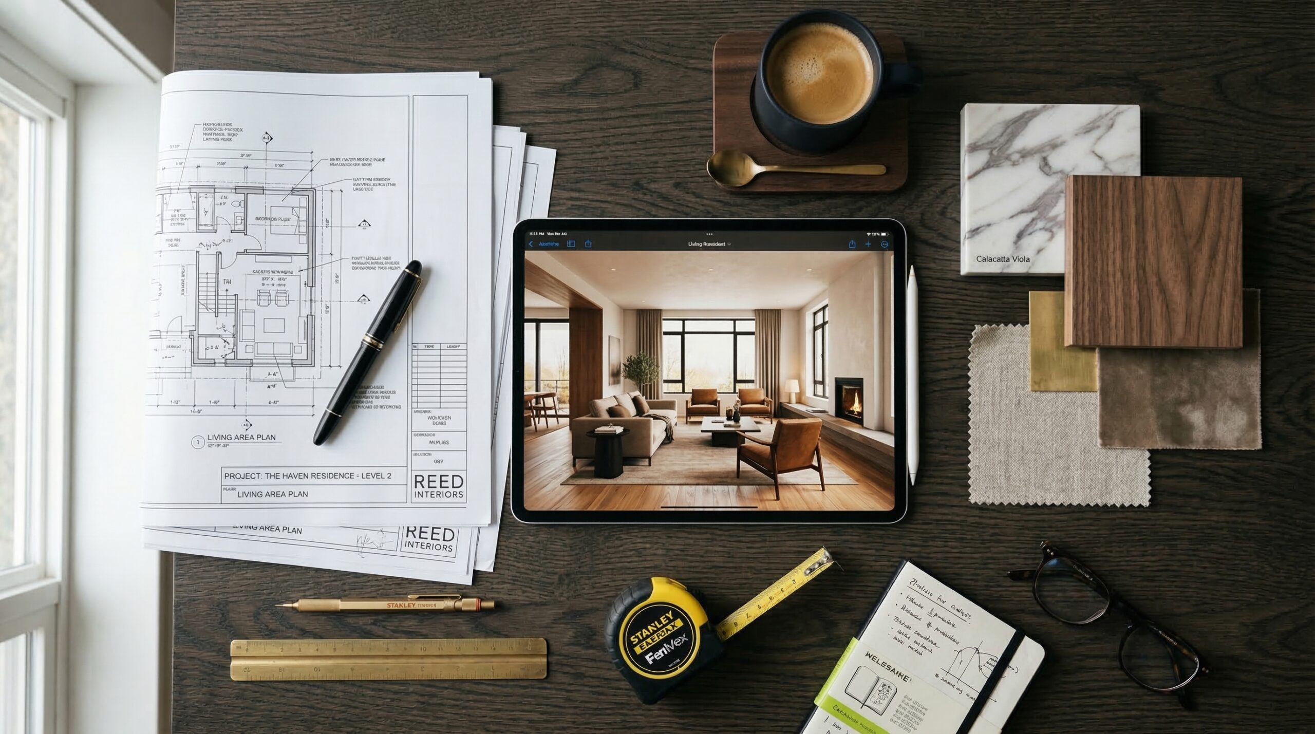 Top-down cinematic flatlay of an interior design workspace showing the 3D rendering process