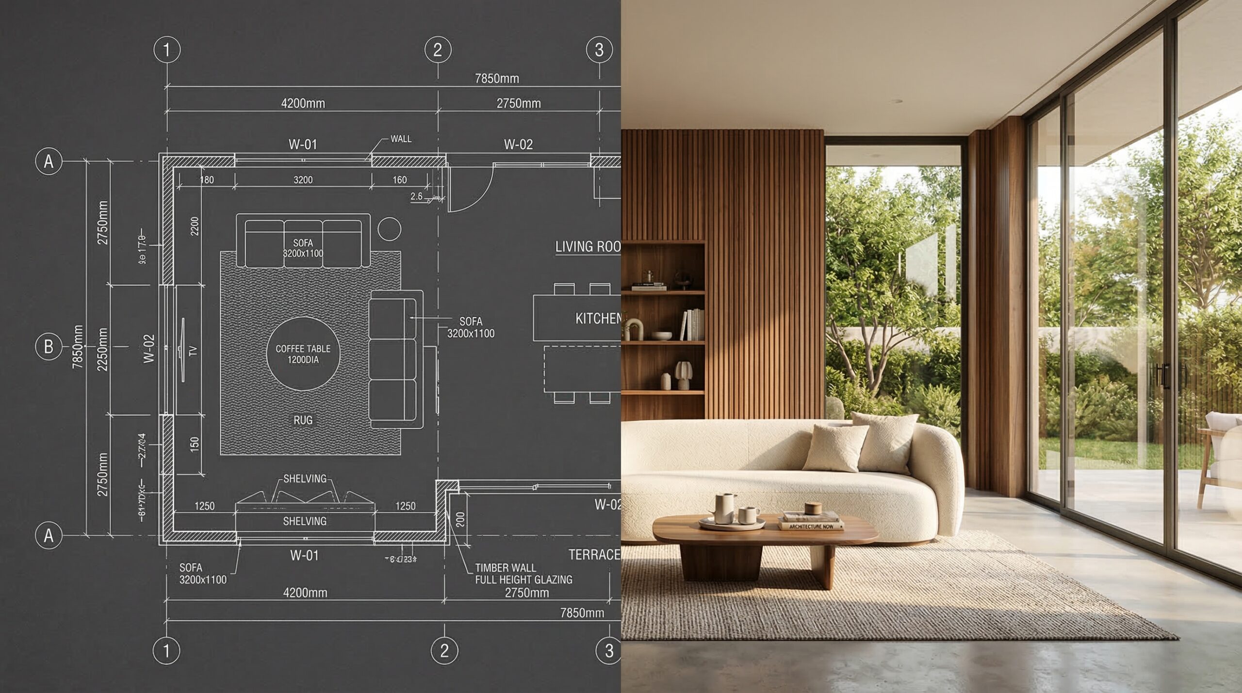 Render First Split screen interior render 2d plan